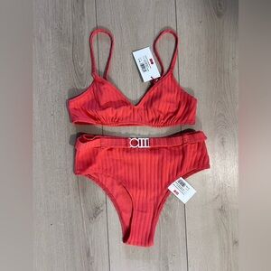 NWT solid and striped high waisted bikini in coral
